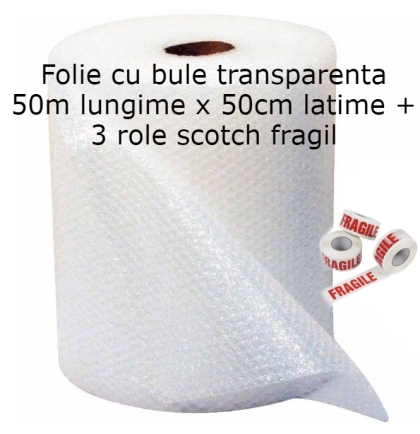 Set Ambalare Premium: 20 mp Folie cu Bule transparenta + 3 Role Scotch Fragil