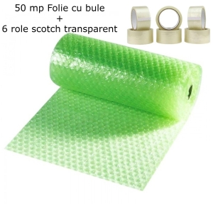 Set Ambalare Premium: 50 mp Folie cu Bule Verde + 6 Role Scotch Transparent